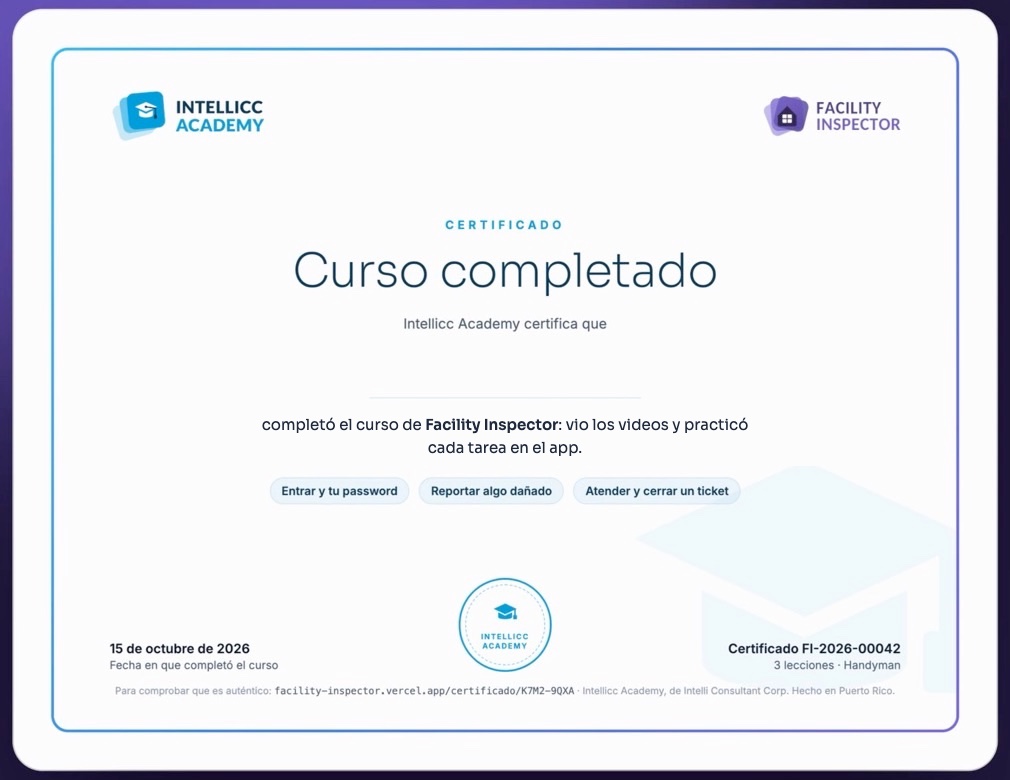 El certificado de Intellicc Academy al completar el curso de Facility Inspector