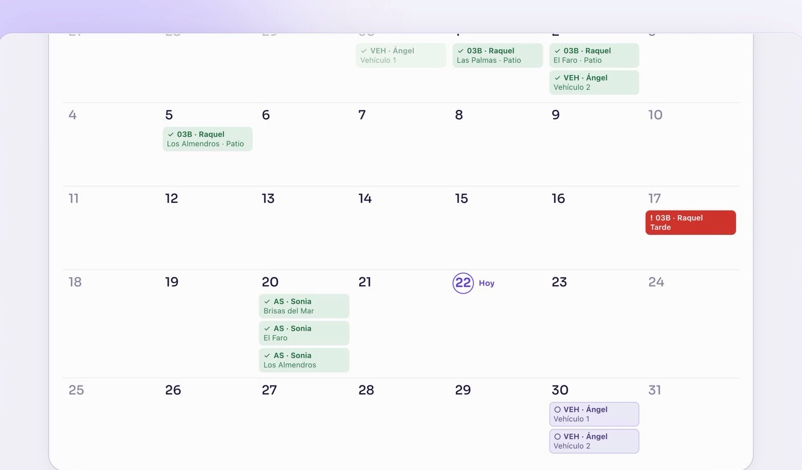 El calendario de inspecciones del mes, con cada visita en su día
