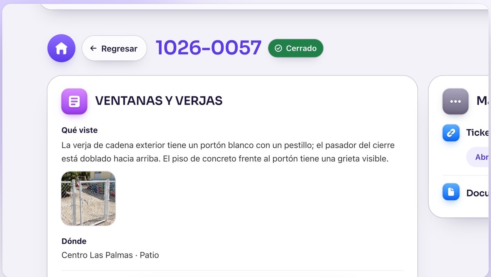 Un ticket cerrado de Ventanas y verjas, con lo que se vio y la foto