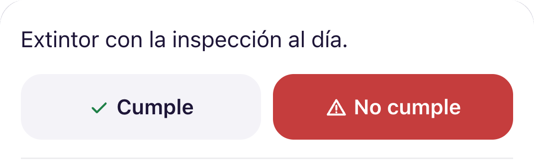 La pregunta de la inspección: Extintor con la inspección al día, marcada No cumple